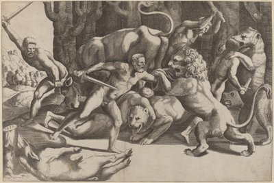 Pět mužů bojujících se bestiemi od Master of the Die after Giulio Romano