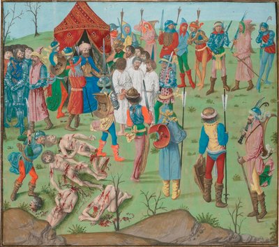 Následky bitvy u Nikopole Masakr křesťanů jako odplata za masakr v Rahově. Jean Froissart, Kroniky, Flandry, Bruggy od Master of the Dresden Prayer Book
