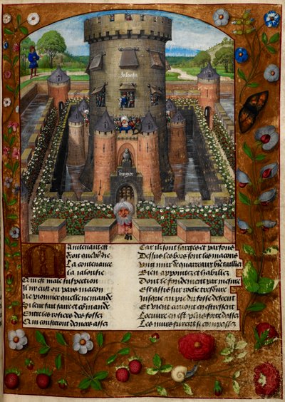 Bel Acueil (Fair Welcome) uvězněný Jalousie (Žárlivost) ve věži hlídané vojáky, z 