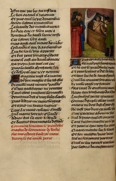 Miniaturní ukazuje Nera, jak sleduje Senekova zápěstí, jak se řežou v jeho lázni z filmu „Le Roman de la Rose“ od Master of the Dresden Prayer Books