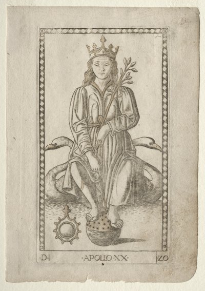Apollo z Tarocchi, série D: Apollo and the Muses, #20, před rokem 1467. od Master of the E Series Tarocchi