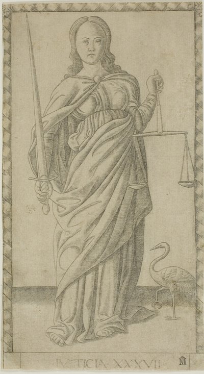 Spravedlnost, deska 37 z Genii and Virtues od Master of the E-Series Tarocchi