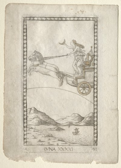 Luna z Tarocchi, série A: Firmaments of the Universe, #41, před rokem 1467. od Master of the E Series Tarocchi