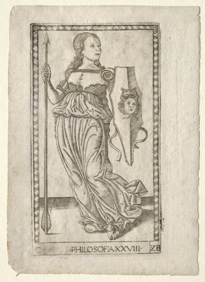 Filosofie z Tarocchi, série C: Liberal Arts, #28, před rokem 1467. od Master of the E-Series Tarocchi