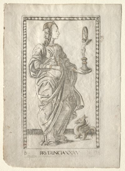 Prudence z Tarocchi, série B: Cosmic Principles & Virtues, #35, před rokem 1467. od Master of the E-Series Tarocchi