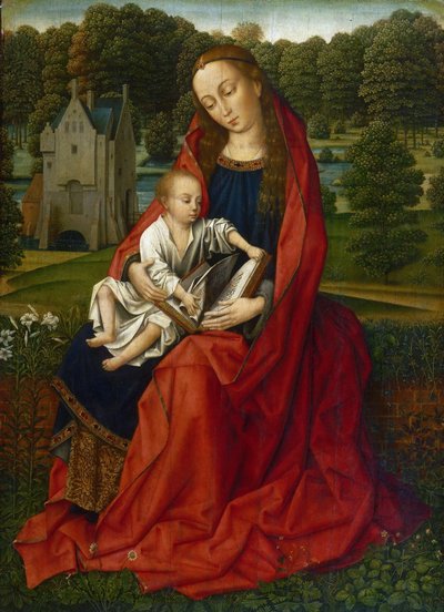 Nizozemsky: Maria potkala laskavou Pannu s dítětem v krajině od Master of the Embroidered Foliage