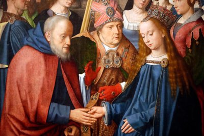 Muzeum Evora. Mistr oltářního obrazu Evora. Svatba Panny Marie a Josefa. Olej na panelu. Vlámská škola 1500. Portugalsko. od Master of the Evora Altarpiece
