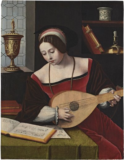 Nizozemsky: Svatá Máří Magdaléna v rozjímání Loutnistka od Master of the Female Half Lengths