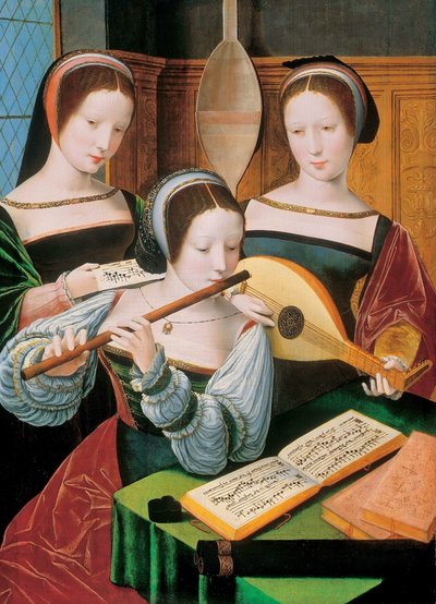 Nizozemsky: Musicerend gezelschap Female Musicians / Tři dámy hrající hudbu od Master of the Female Half Lengths