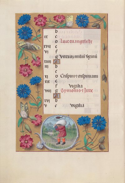 Hodiny královny Isabely Katolické, královny Španělska: Fol. 11v, říjen, c. 1500. od Master of the First Prayerbook of Maximillian