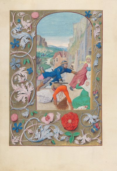 Hodiny španělské královny Isabely Katolické:  Fol. 146v, Masakr neviňátek a útěk do Egypta od Master of the First Prayerbook of Maximillian