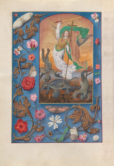 Hodiny španělské královny Isabely Katolické:  Fol. 167v, sv. Michael od Master of the First Prayerbook of Maximillian