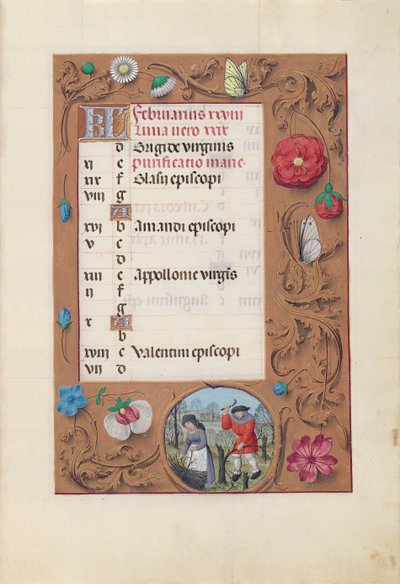 Hodiny královny Isabely Katolické, královny Španělska: Fol. 3r, únor, c. 1500. od Master of the First Prayerbook of Maximillian