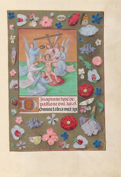 Hodiny španělské královny Isabely Katolické:  Fol. 50r, Dítě Kristus s nástroji umučení od Master of the First Prayerbook of Maximillian