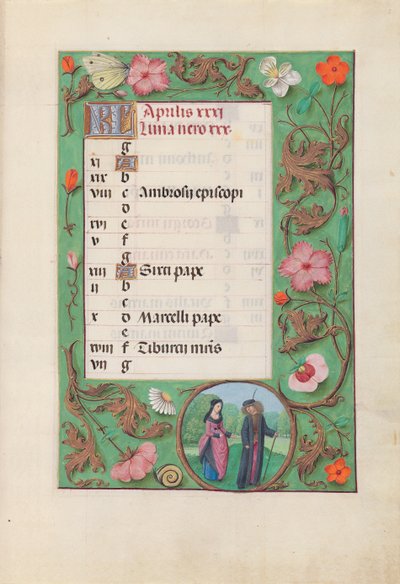 Hodiny královny Isabely Katolické, královny Španělska: Fol. 5r, duben - Panoš a slečna, c. 1500. od Master of the First Prayerbook of Maximillian