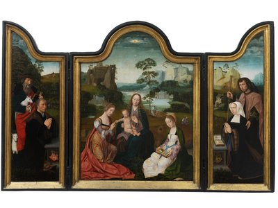 Panna s dítětem se svatou Kateřinou a svatou Barborou, kolem 1520-25 (olej na desce) od Master of the Holy Blood