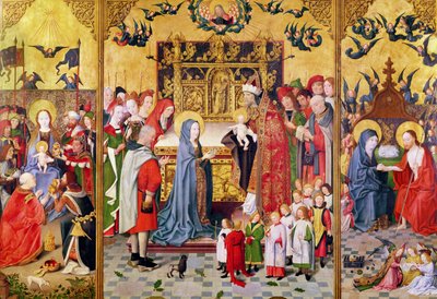 Oltářní obraz Sedmi radostí Panny, zobrazující Klanění tří králů, Uvedení v chrámu a Kristus zjevující se Marii, kolem roku 1480 od Master of the Holy Family