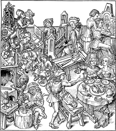 Merkur a jeho děti. Ilustrace z Housebooku, 80. léta 14. století od Master of the Housebook