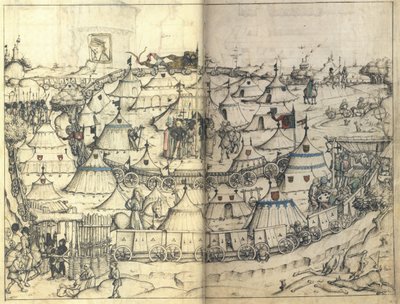 Vozová pevnost ze středověké domovní knihy hradu Wolfegg, cca 1485 od Master of the Housebook of Wolfegg
