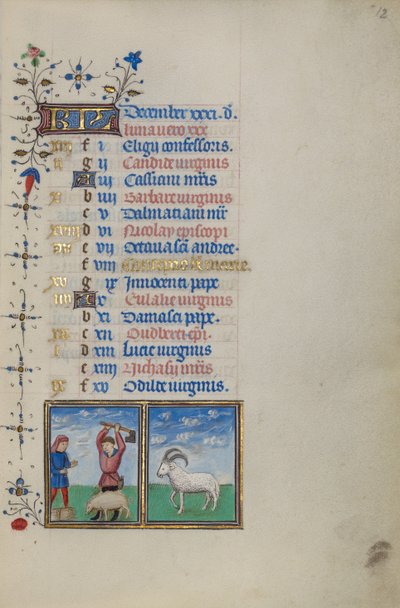 Kalendář na prosinec; porážka prasete; Kozoroh od Master of the Lee Hours