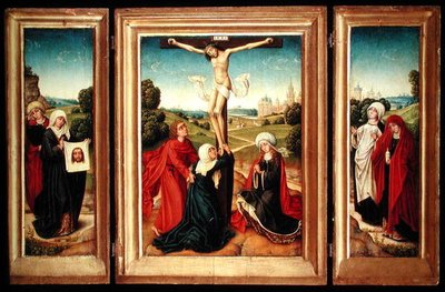 Triptych s centrálním panelem Ukřižování s Pannou Marií, sv. Janem a Marií Magdalénou; levé křídlo: sv. Veronika a světice; a pravé křídlo: Dvě Marie (olej na panelu) od Master of the Legend of St. Catherine