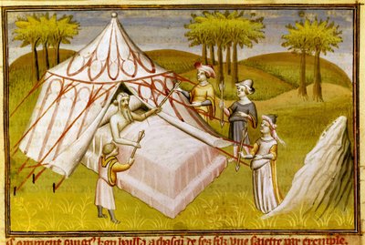 Mongolský vůdce Čingischán na smrtelné posteli dává svá poslední doporučení svým synům, kolem roku 1410 (miniatura) od Master of the Mazarine