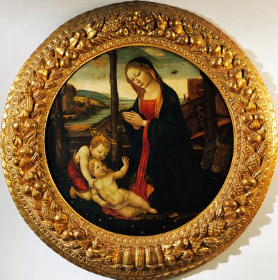 Madona s dítětem s malým svatým Janem Křtitelem, obraz připisovaný Mistru z Tonda Millera (konec 15. století). od Master of the Miller Tondo (attr. to)
