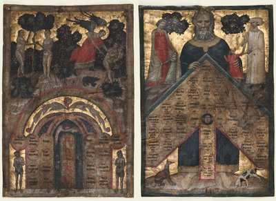 Listy ze svazku knihy Johannes Andrea „Přednáška o stromu příbuzenství a afinity: Tabulka příbuzenství a Tabulka příbuzenství od Master of the Register of 1328