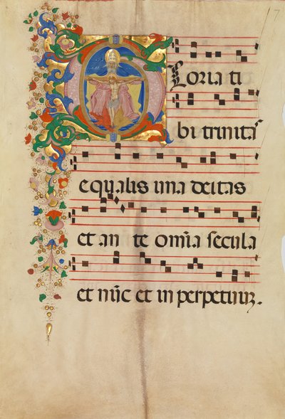 Rukopisný list s Trojicí v iniciále G, z antifonáře, druhá polovina 15. století. od Master of the Riccardiana Lactantius