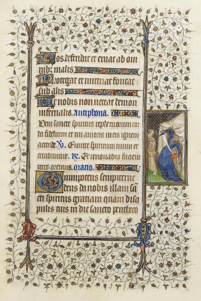 Ms 62 f.132r Personifikace nekromancie bodající do knihy, z „Hours of the Holy Spirit“ od Guillauma de Deguileville 1350, 1417 (inkoust a zlatý list na pergamenu) od Master of the Rohan Hours