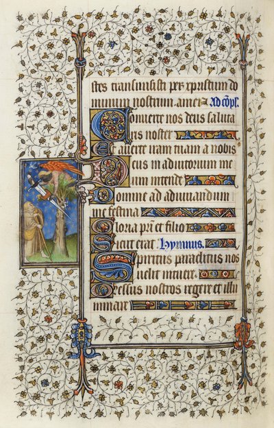 Ms 62 f.132v Okřídlená postava v koruně stromu s knihou probodnutou mečem, z „Hodin Ducha svatého“ od Guillauma de Deguilleville z roku 1350, 1417 (inkoust a list zlata na pergamenu) od Master of the Rohan Hours
