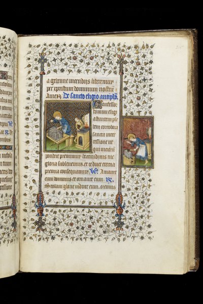 Ms 62 f.215r St. Eligius dělá svatyni; St. Eligius na kovadlině, z knihy hodin, c.1445-50 (vellum) od Master of the Rohan Hours