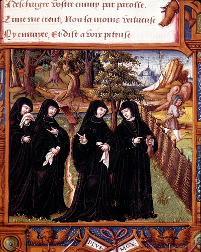 Reprezentace navarrské královny Margarity z Angoulemy (1492-1549) při rozhovoru se svými společníky Stránka převzata z rukopisu „“La coche ou Debat d