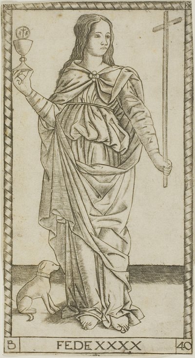 Víra, deska 40 od Genii a ctností od Master of the S Series Tarocchi