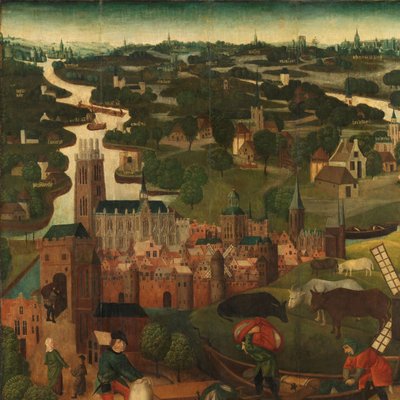Povodeň na den svaté Alžběty Vnější levé křídlo oltářního obrazu s potopou svaté Alžběty, 18.-19. listopadu 1421, s městem Dordrecht v pozadí od Master of the St Elizabeth Panels