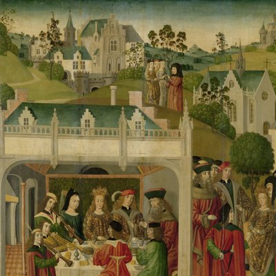 Svatební hostina svaté Alžběty Uherské a Ludvíka Duryňského ve Wartburgu, vnitřní levé křídlo oltářního obrazu vyrobeného pro Grote Kerk v Dordrechtu od Master of the St Elizabeth Panels