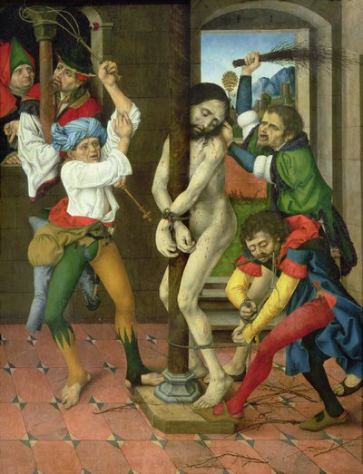 Bičování Krista, boční panel oltářního obrazu Umučení (olej na panelu) od Master of the Strache Altar