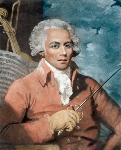 Joseph Boulogne (1748-99), rytíř svatého Jiří; syn francouzského majitele plantáží na Guadeloupe a otroka Nanona původem z Afriky - Portrét Josepha Boulogne (1748-1799), Chevalier de Saint Georges (Saint-Georges), skladatel guadeloupského původu. od Mather (after) Brown