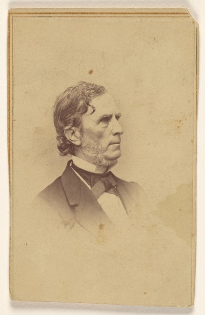 Neidentifikovaný muž s šedivějícím plnovousem, bez kníru, z profilu, vytištěný ve stylu viněty od Mathew B. Brady