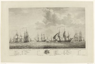 Nizozemská válečná flotila u Rammekens, 1782-1783 Pohled na válečné lodě země pod velením kontradmirála van Kruynea na silnici Rammekens v den Jaare 1782 a 1783 (název na objektu) od Mathias de Sallieth