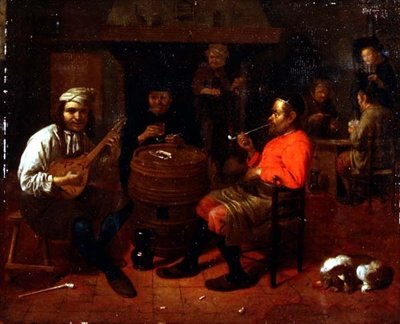 Interiér hospody s hráčem na mandolínu od Mathijs Wulfraet