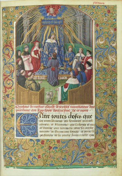 Xenofónova Anabáze v překladu Clauda de Seyssel: scéna věnování, rukopis je darem překladatele Ludvíku XII. od Maitre de Philippe de Gueldre