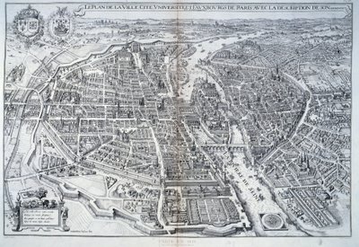 Plán Paříže v roce 1615. Rytina Mathieu Merian od Mattaus the Younger Merian