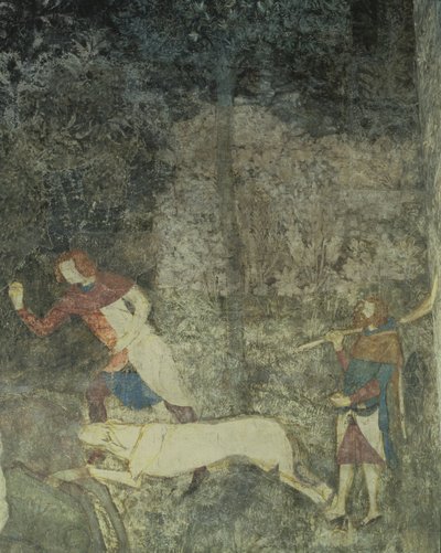 Muži loví se psy, detail dekorativního schématu z fresky La Chambre du Cerf Stag Room 1347 od Matteo Giovanetti