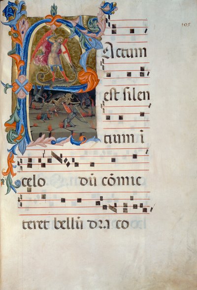 Svatý archanděl Michael porazí démony. Miniatura připisovaná Matteu Torellimu, z antifonáře datovaného do roku 1394 (Corale 5, cca 105v) od Matteo di Filippo Torelli