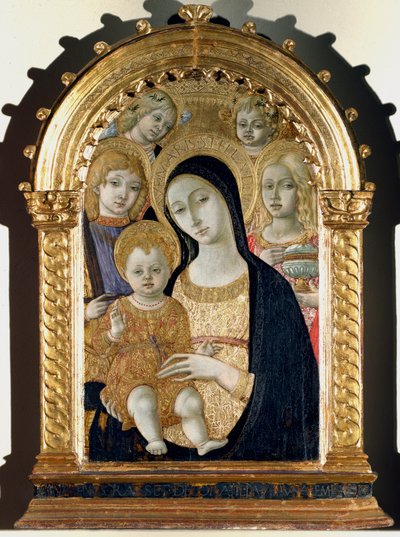 Panna s Ježíškem, svatý Michael, svatá Marie Magdalena (Malba na dřevě od Matteo di Giovanni di Bartolo