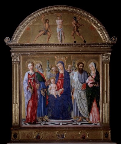 Panna s dítětem a sv. Bartoloměj, sv. Kateřina, sv. Lucie a sv. Matěj - oltářní obraz od Matteo di Giovanni di Bartolo