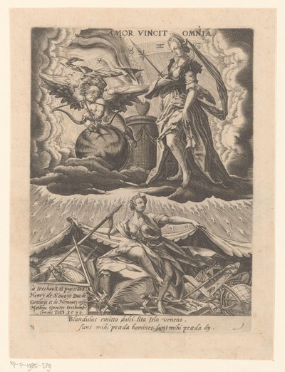 Triomf der liefde Amor vincit omnia (název na objektu) Zes triomfen van Petrarca (název série) od Matthaus Greuter