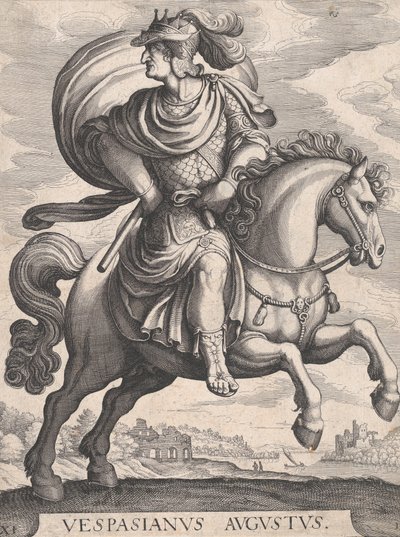 Císař Vespasianus na koni, ze série Prvních dvanáct římských Caesarů, deska 1..., 1610-50. od Matthaus Merian