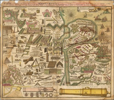 Seutterova alegorická mapa z roku 1720 zobrazující válečné umění na souši i na moři od Matthäus Seutter